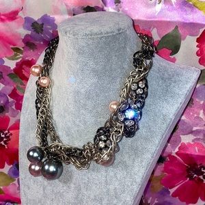 Vera Wang • Heavy Metal Pearl and Rhinestone Cluster Statement Necklace